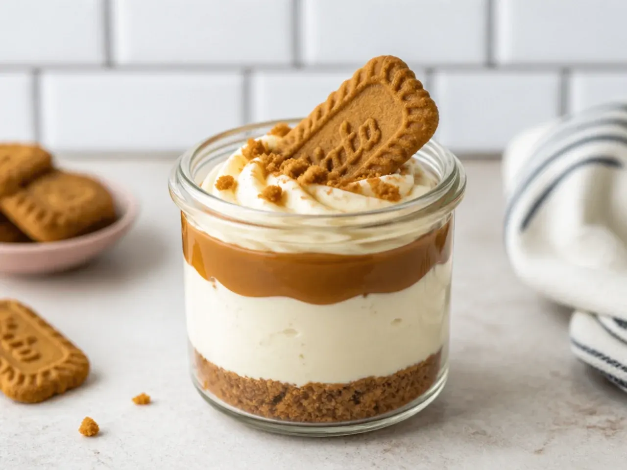 Modern Biscoff cheesecake layered in individual glass jars