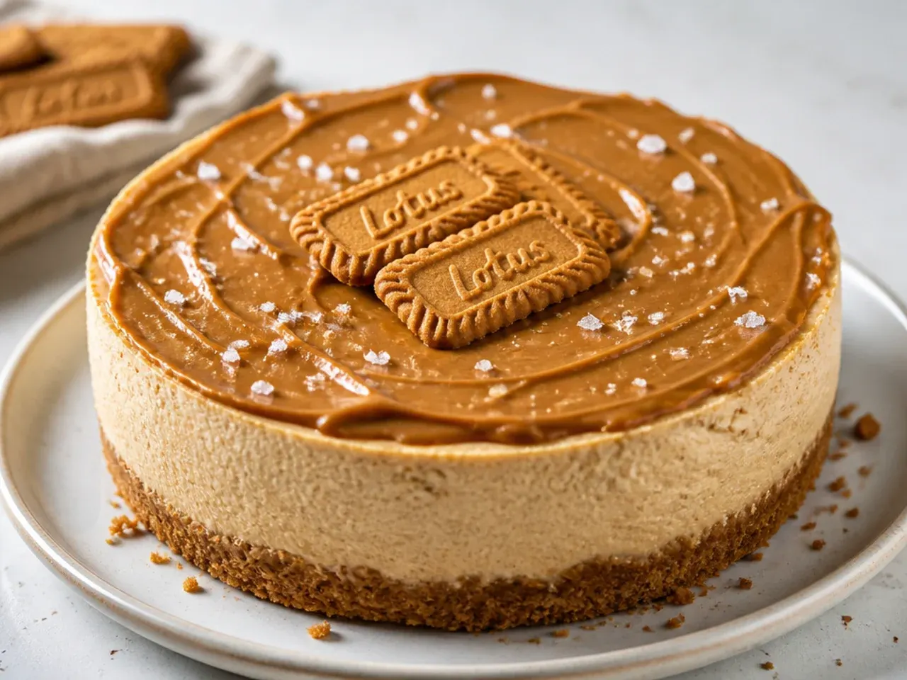 Rustic salted Biscoff cheesecake topped with flaky sea salt flakes