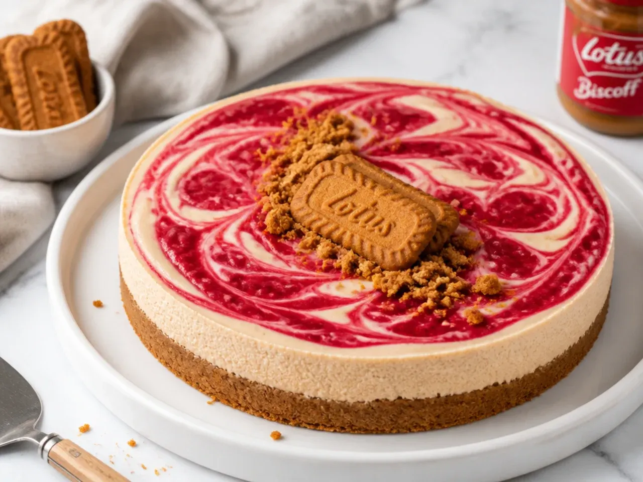 Colorful easy Biscoff cheesecake with a bright raspberry swirl on top