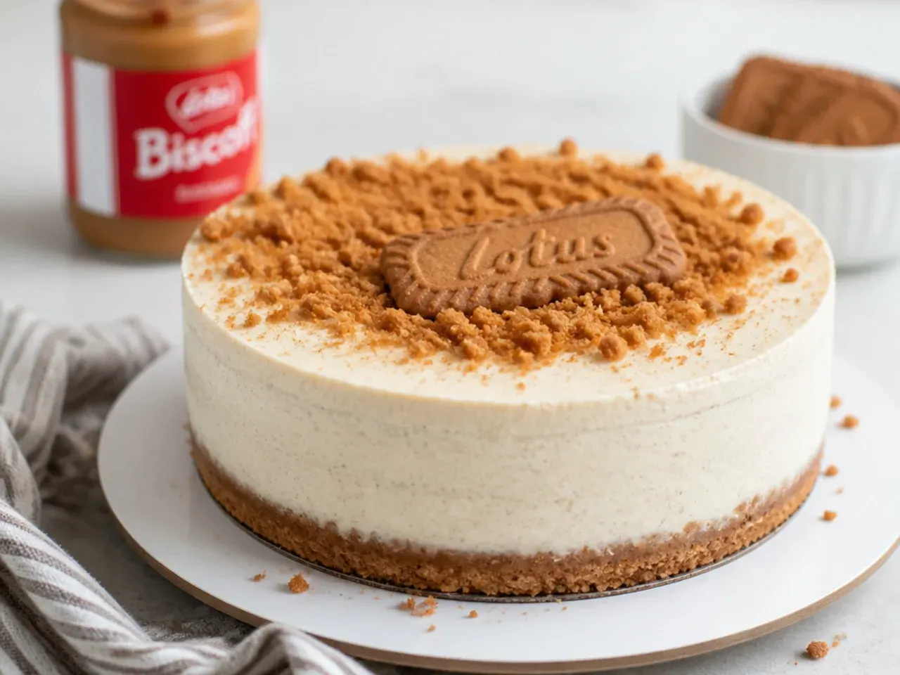 Minimal naked Biscoff cheesecake with a pale filling and no glaze