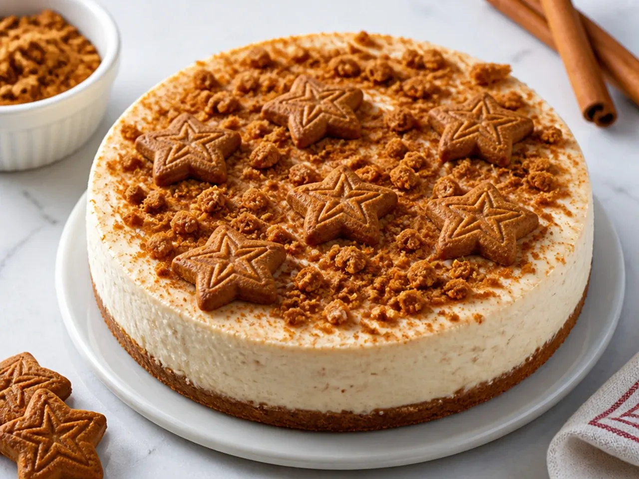 Festive spiced Biscoff cheesecake decorated with star biscuits and cinnamon