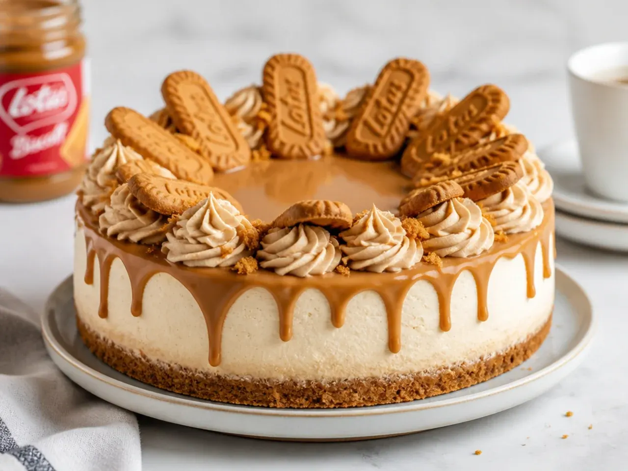 Whimsical Biscoff cheesecake with a caramel-coloured white chocolate drip
