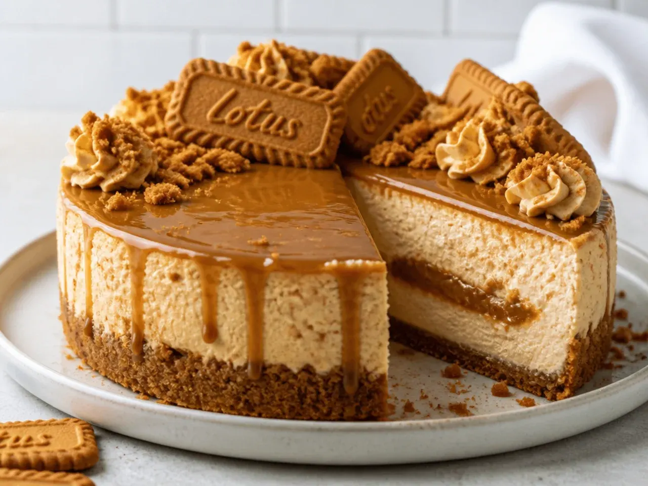 Bold loaded Biscoff cheesecake with a hidden cookie butter ribbon inside
