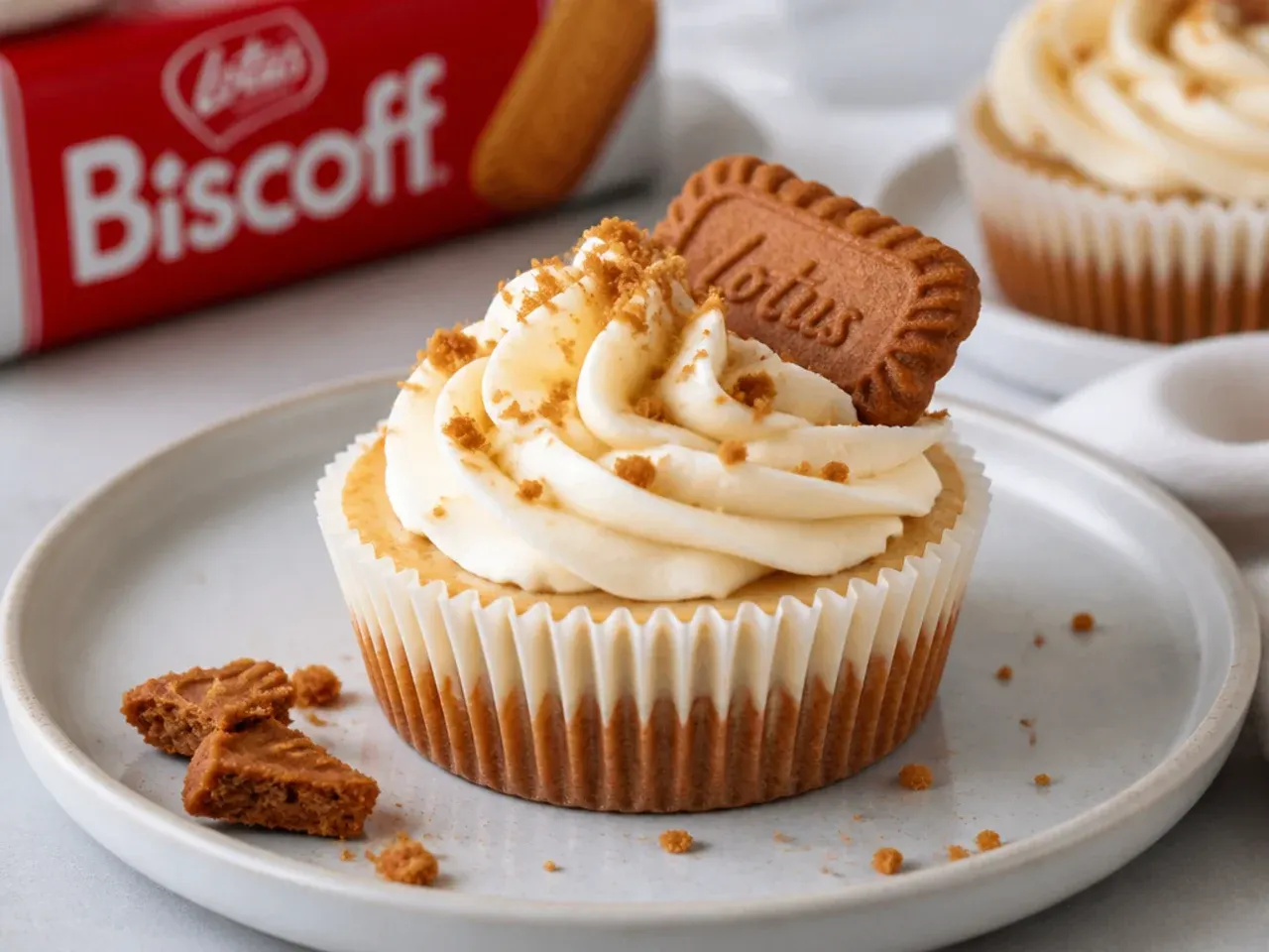 Delicate mini Biscoff cheesecakes in paper cases topped with cream rosettes
