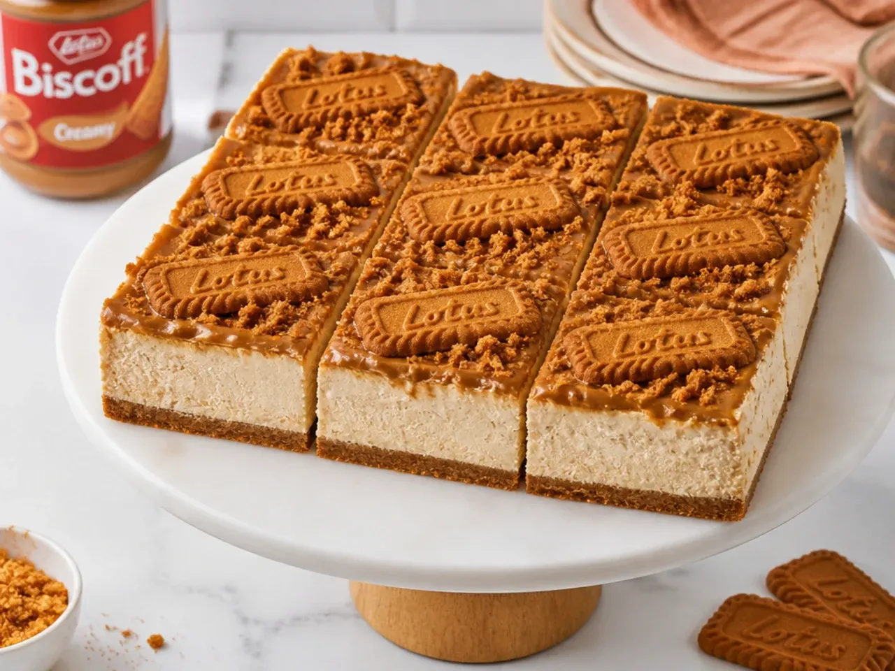Vintage Biscoff cheesecake slab cut into neat squares on a cake stand