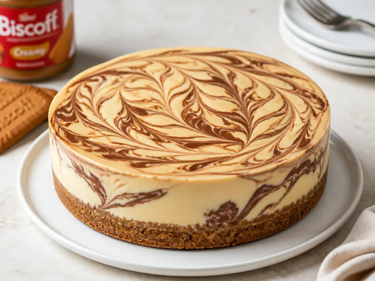 Creative marbled chocolate and Biscoff cheesecake with a feathered top
