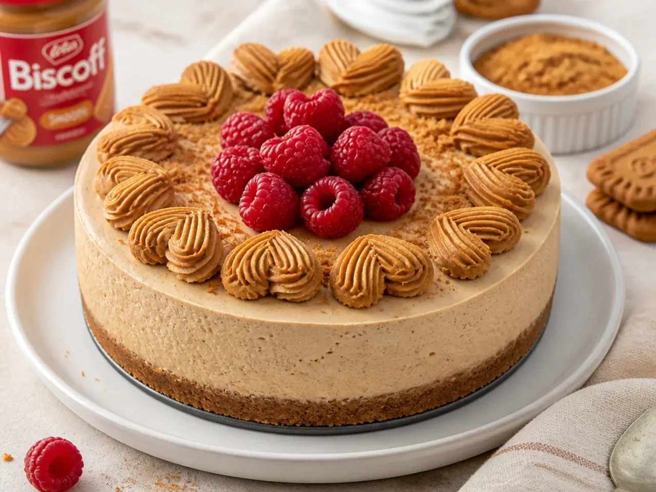 Charming Biscoff cheesecake topped with piped cream hearts and raspberries