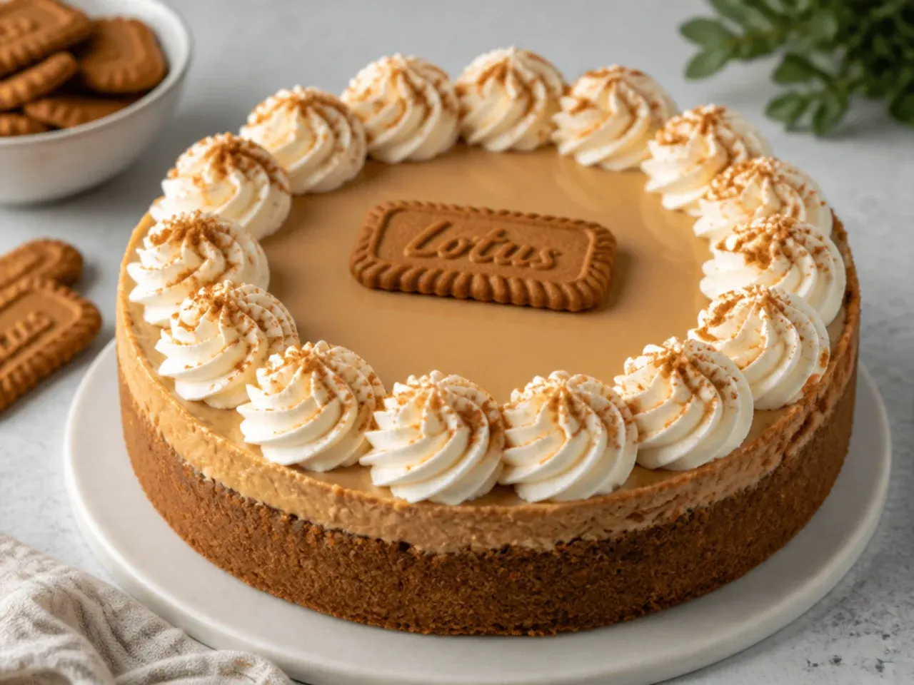 Classic Biscoff cheesecake with a piped whipped cream rosette border