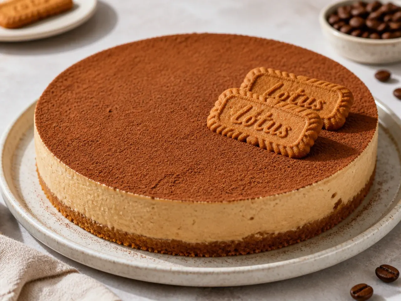 Elegant espresso Biscoff cheesecake dusted with cocoa powder