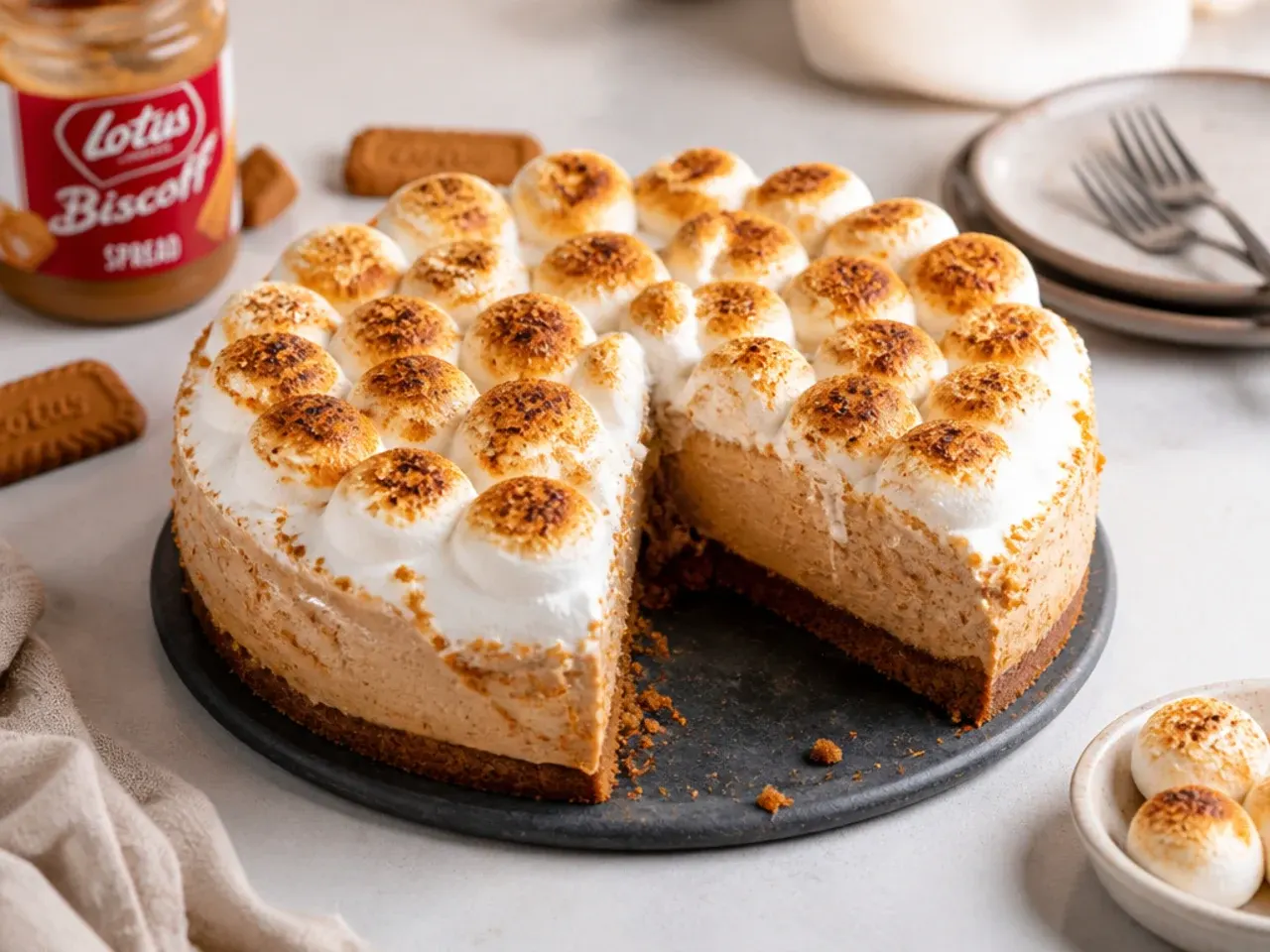 Playful Biscoff s'mores cheesecake topped with torched golden marshmallows