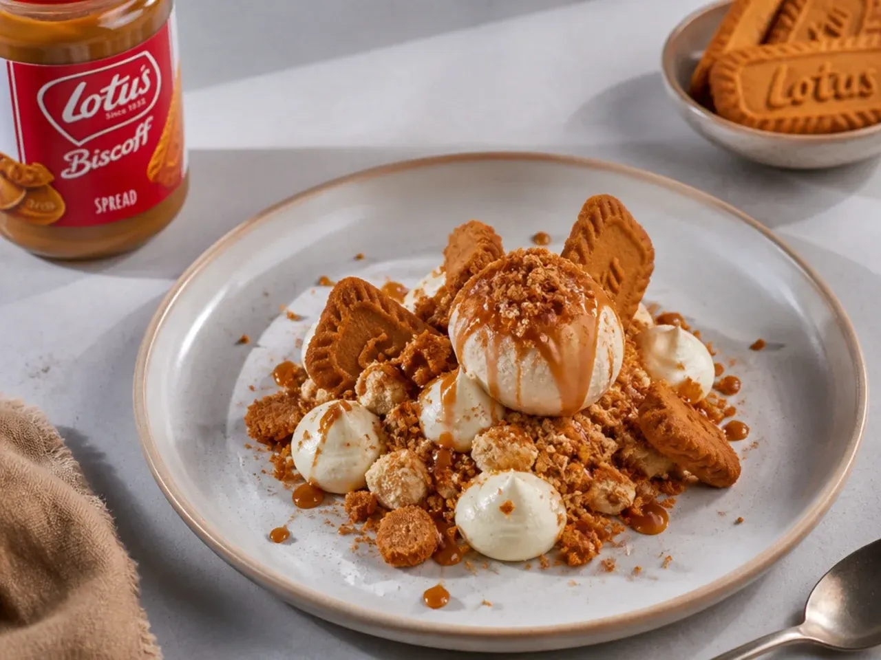 Modern deconstructed Biscoff cheesecake plated with biscuit shards and cream
