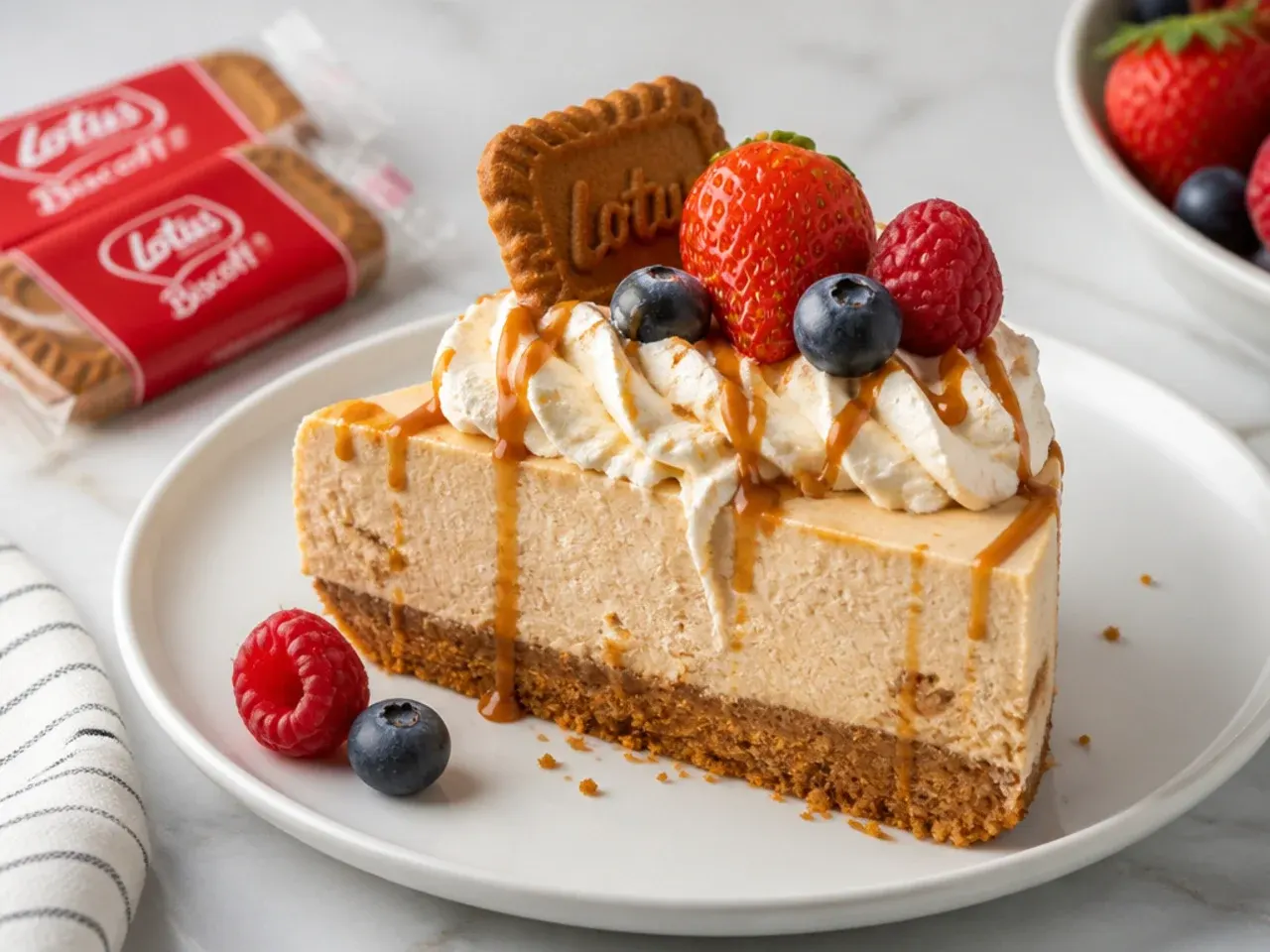 Serving suggestion of easy Biscoff cheesecake with cream and fresh berries