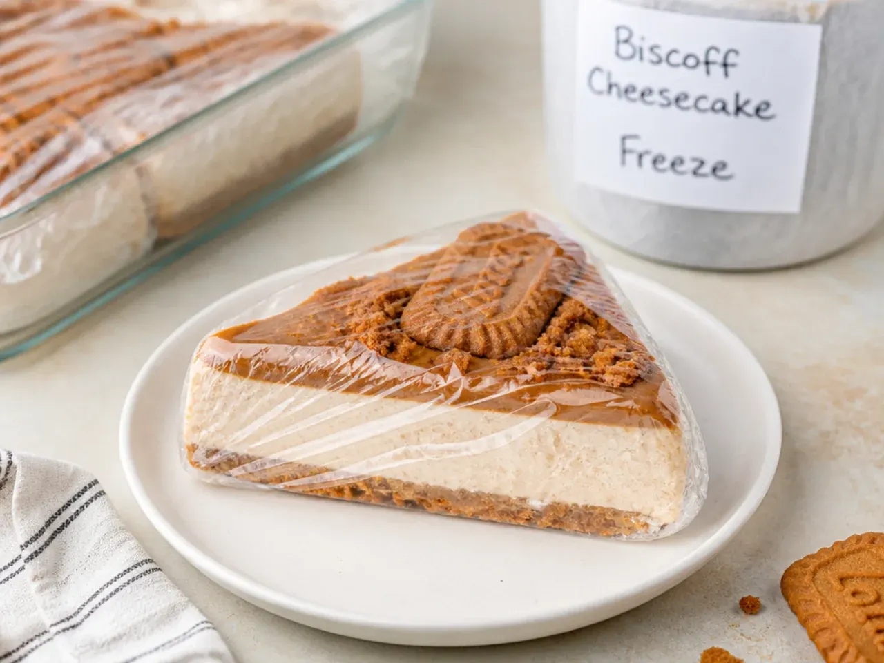 Storing easy Biscoff cheesecake slices wrapped for the fridge and freezer