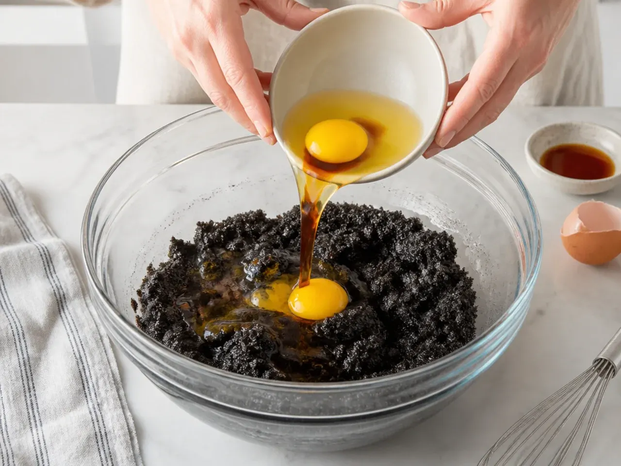 easy black cake — step 3: add the eggs and vanilla