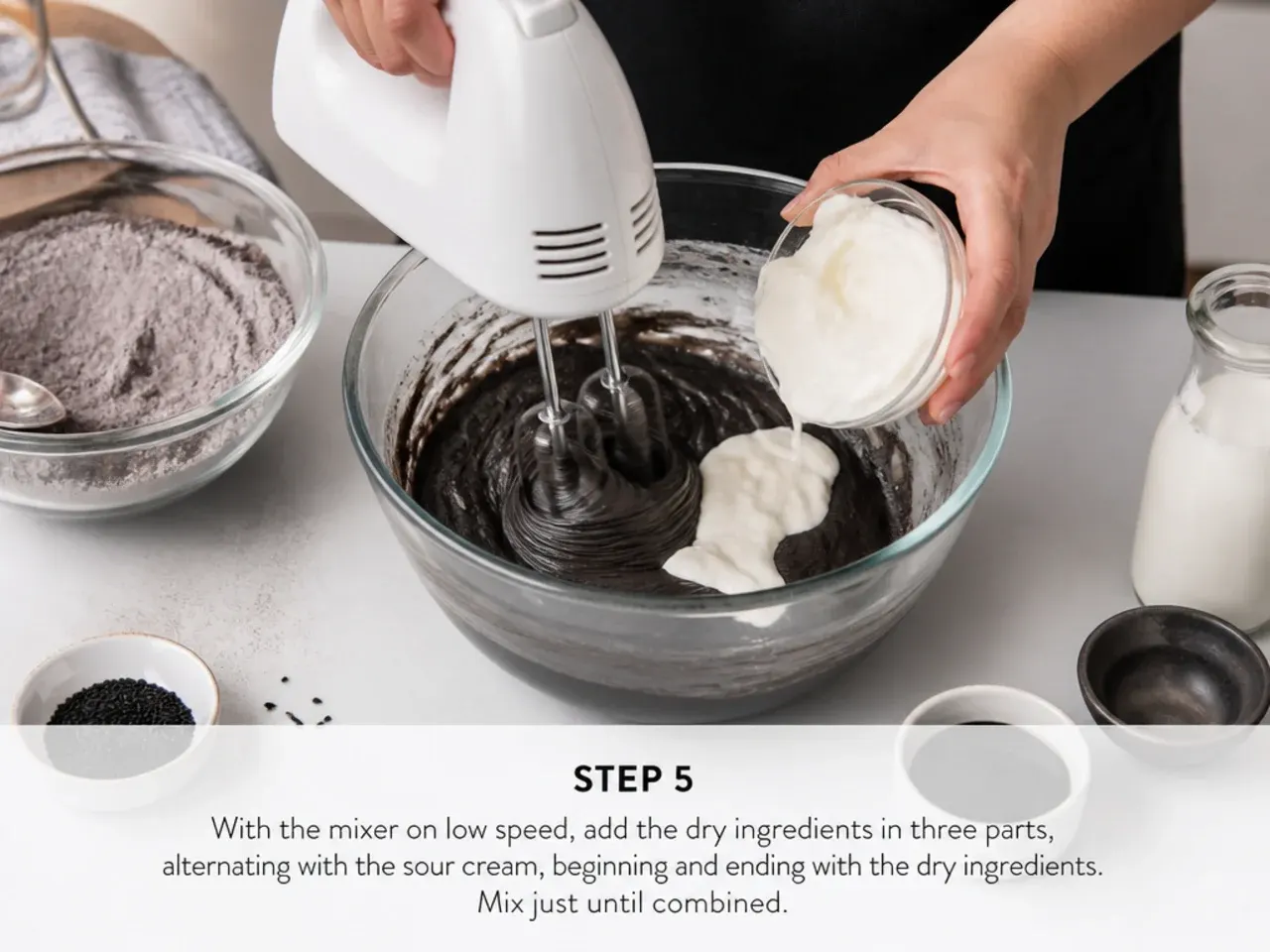 easy black cake — step 5: alternate dry mix and sour cream