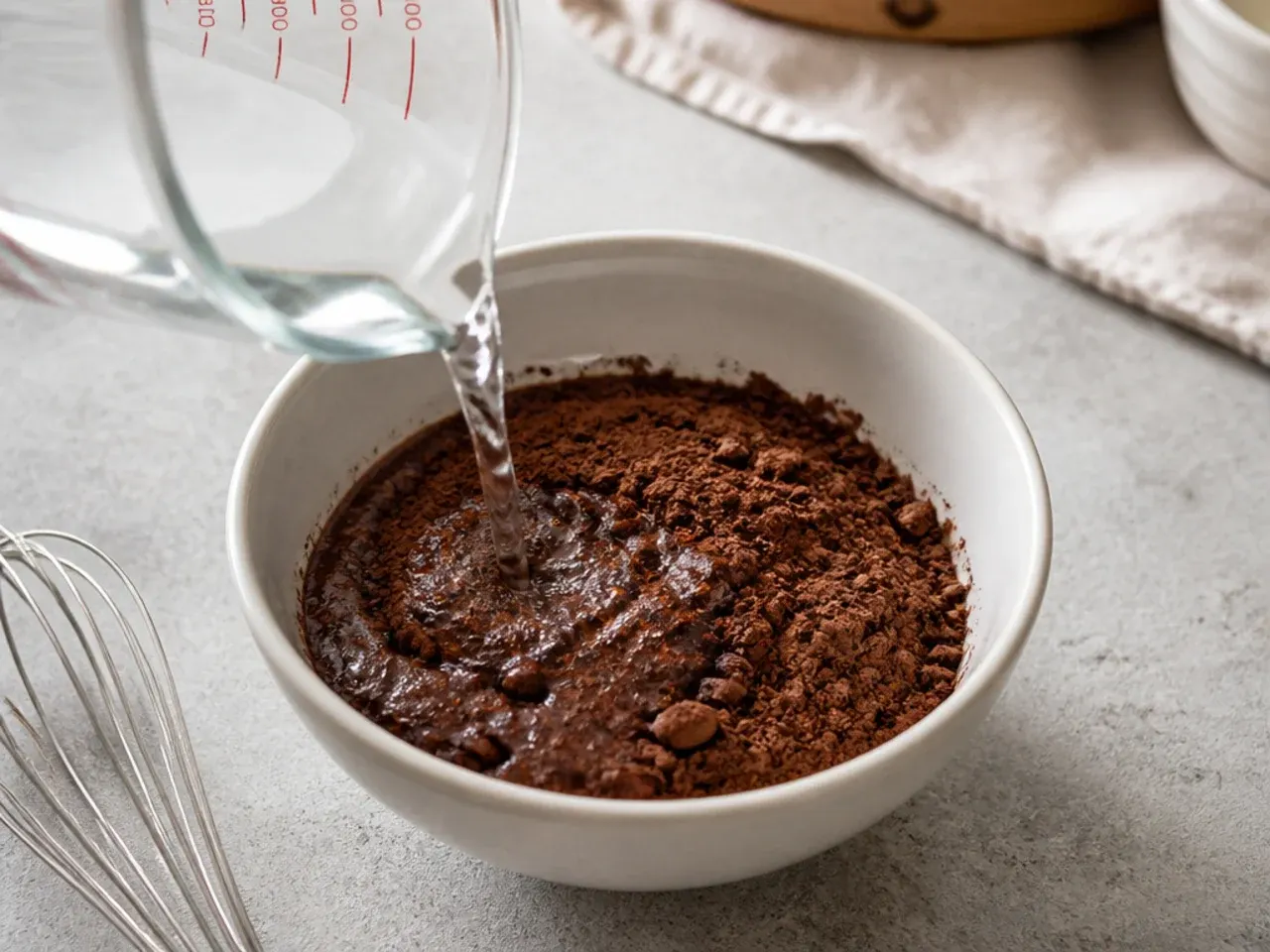 easy black cake — step 6: bloom the cocoa with boiling water