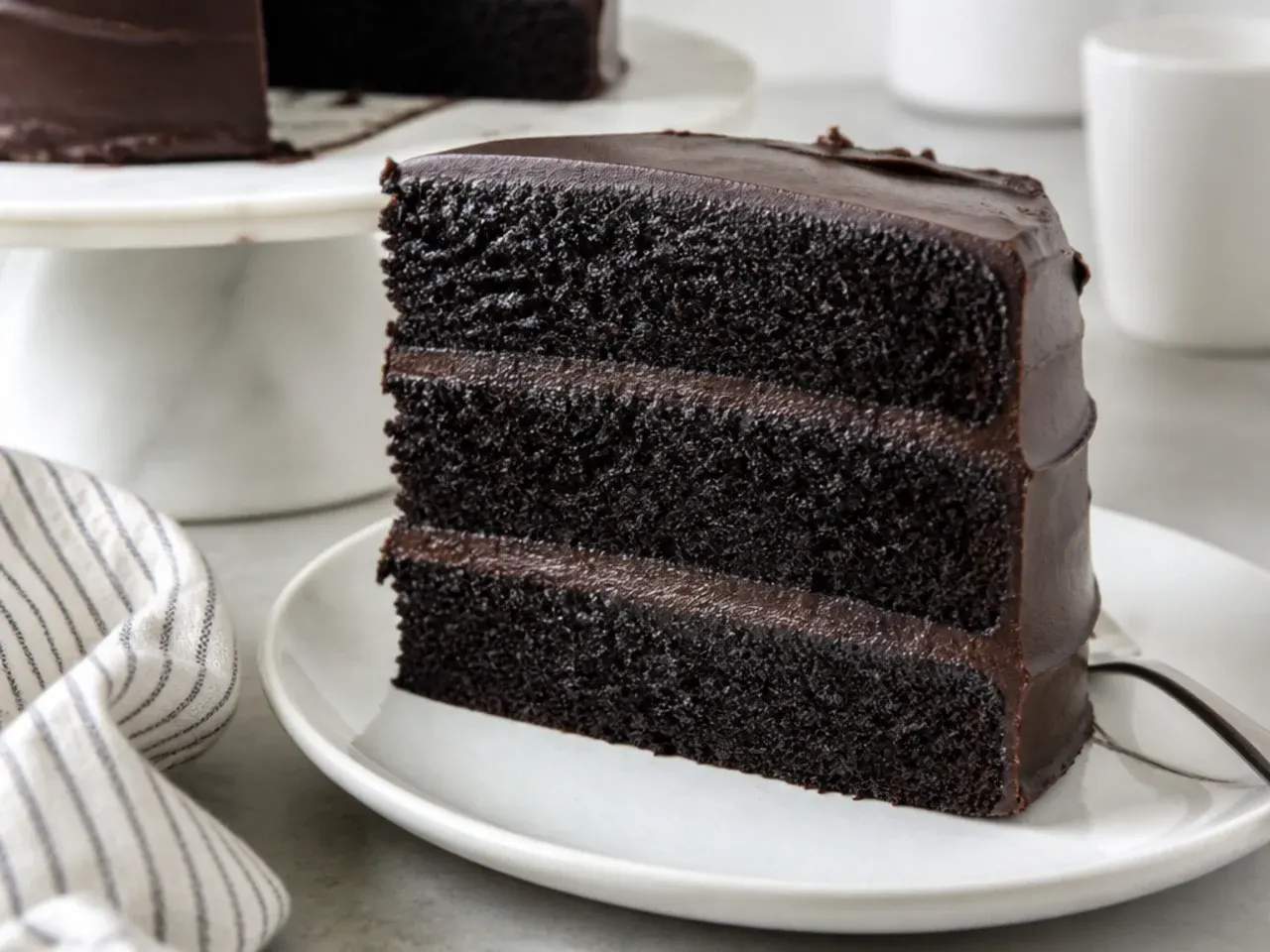 Classic easy black cake slice showing a deep black cocoa crumb on a white plate
