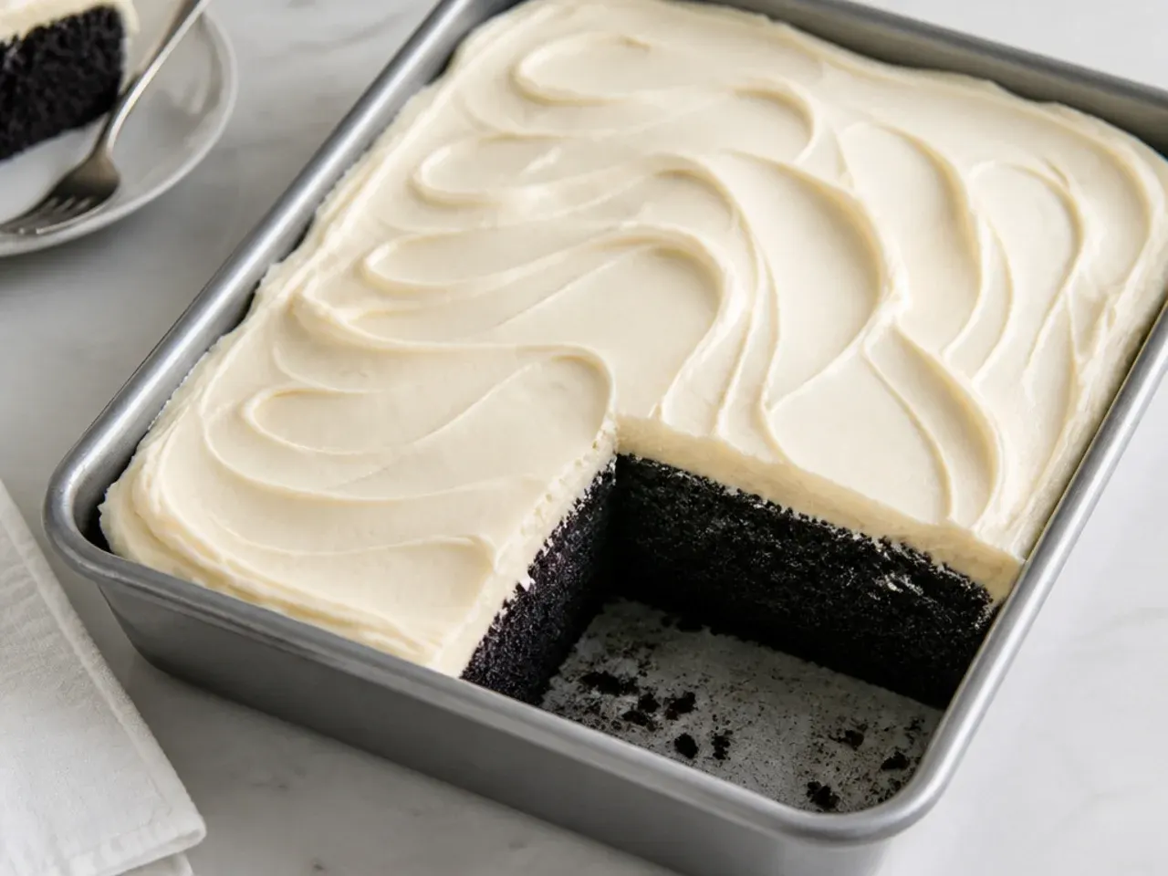 Easy black cake baked as a sheet cake with swirled buttercream in a rectangular pan