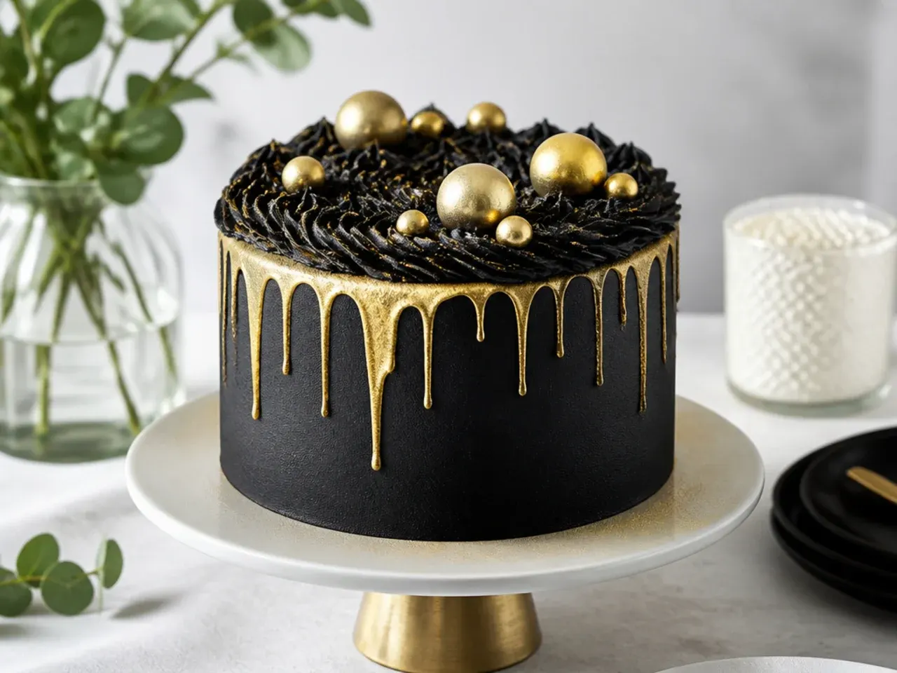 Elegant easy black cake with gold drip accents and luster dust on a cake stand
