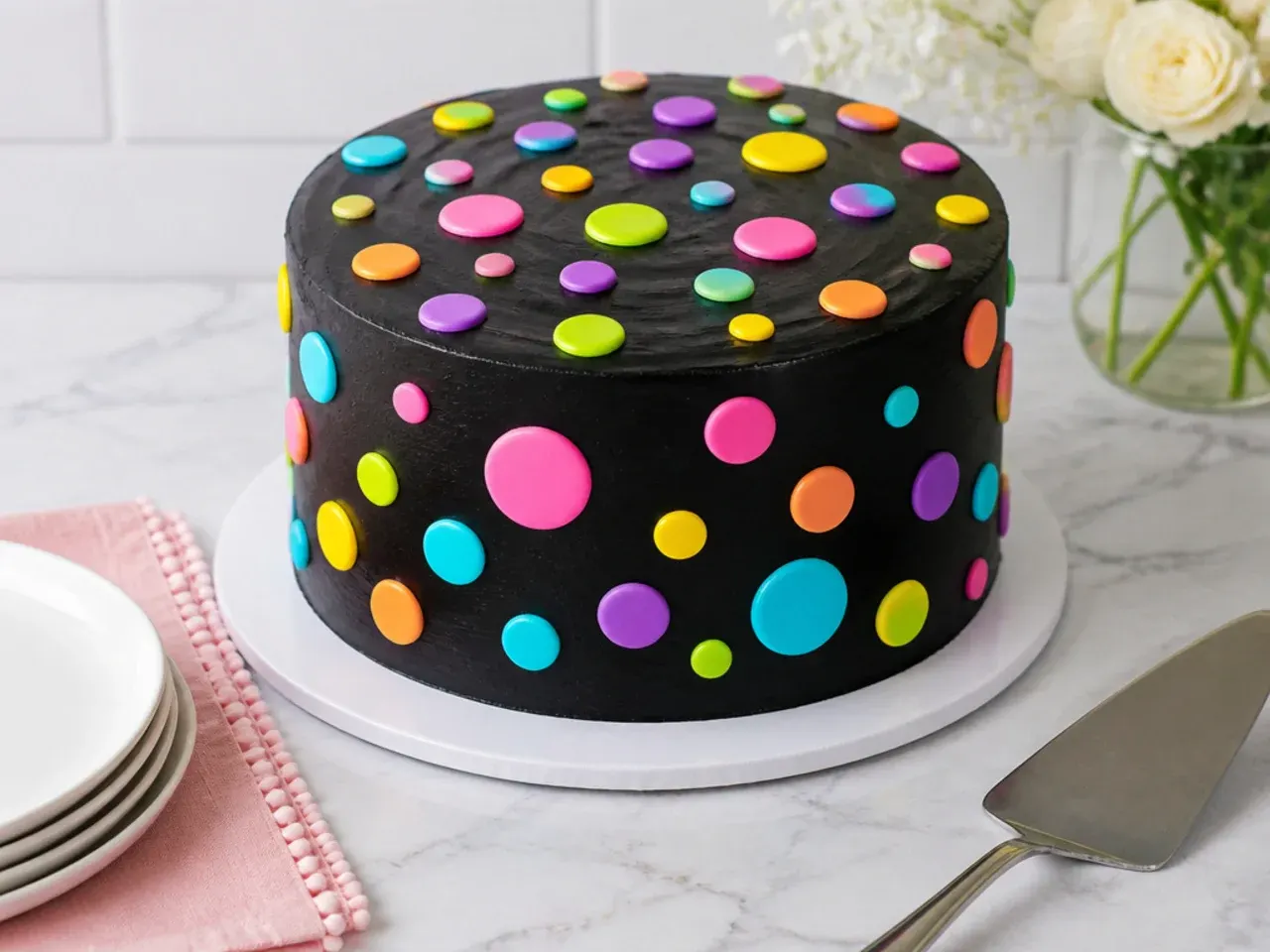 Playful easy black cake covered in colorful polka dots against black buttercream