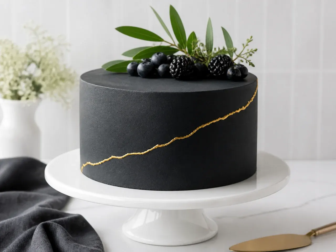 Modern minimalist easy black cake with smooth sides and a clean geometric gold line