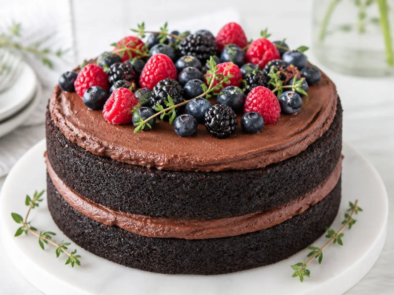 Rustic naked easy black cake topped with fresh berries and thyme sprigs