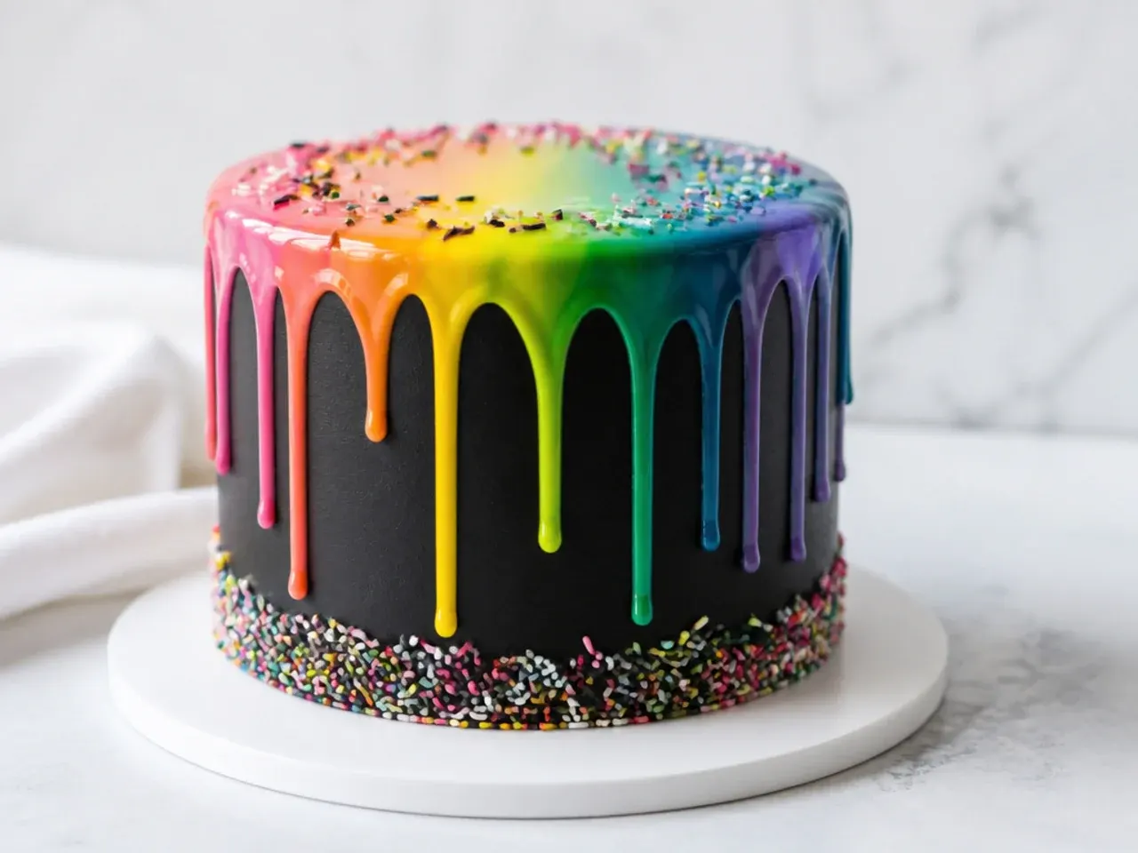 Colorful easy black cake with rainbow-tinted ganache drips over black buttercream