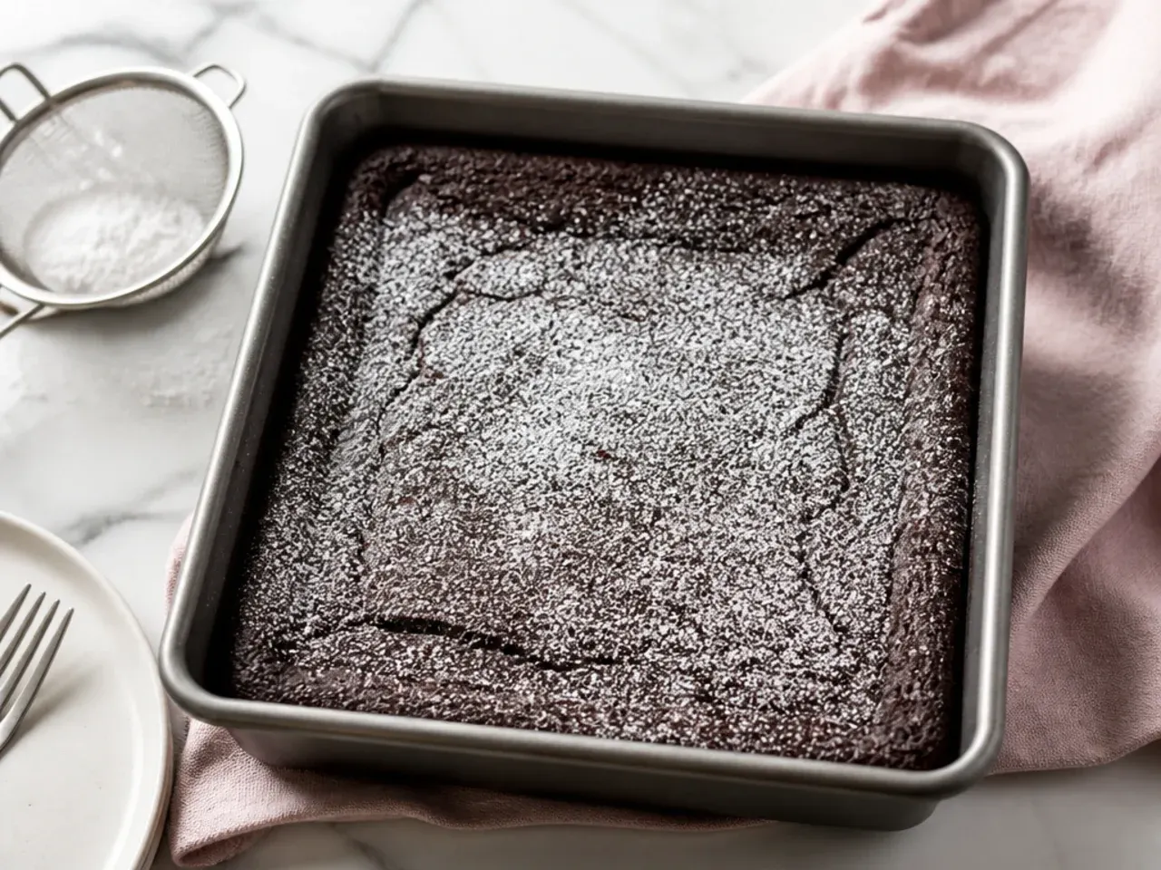 Minimal single-layer easy black snacking cake dusted with icing sugar in a square pan