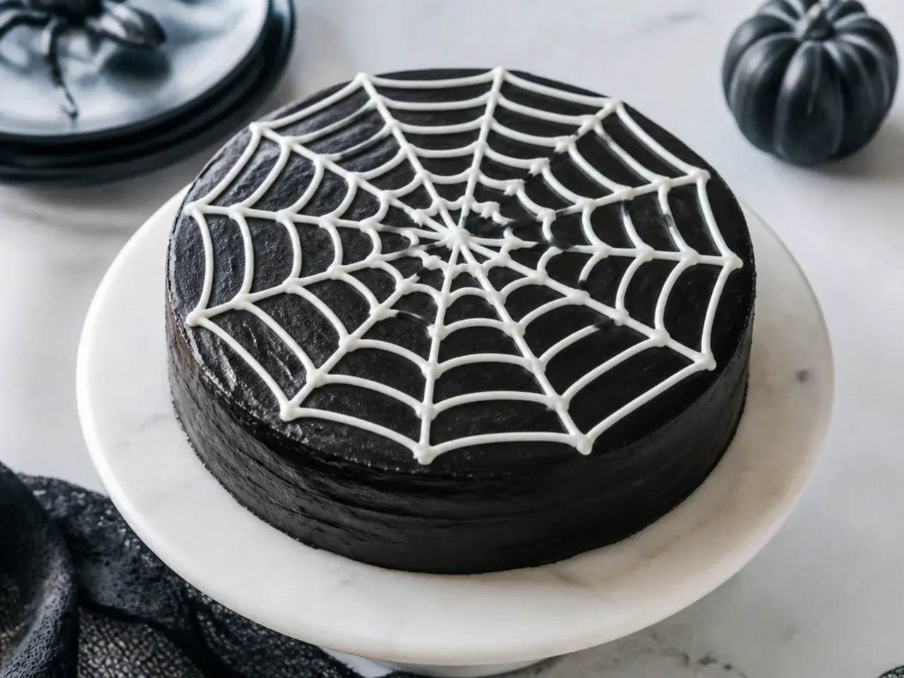 Festive easy black cake decorated with a white spiderweb pattern for Halloween