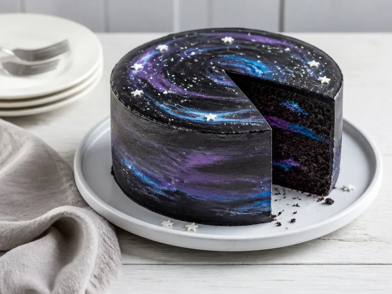 Whimsical galaxy easy black cake with swirled purple and blue tones and star flecks