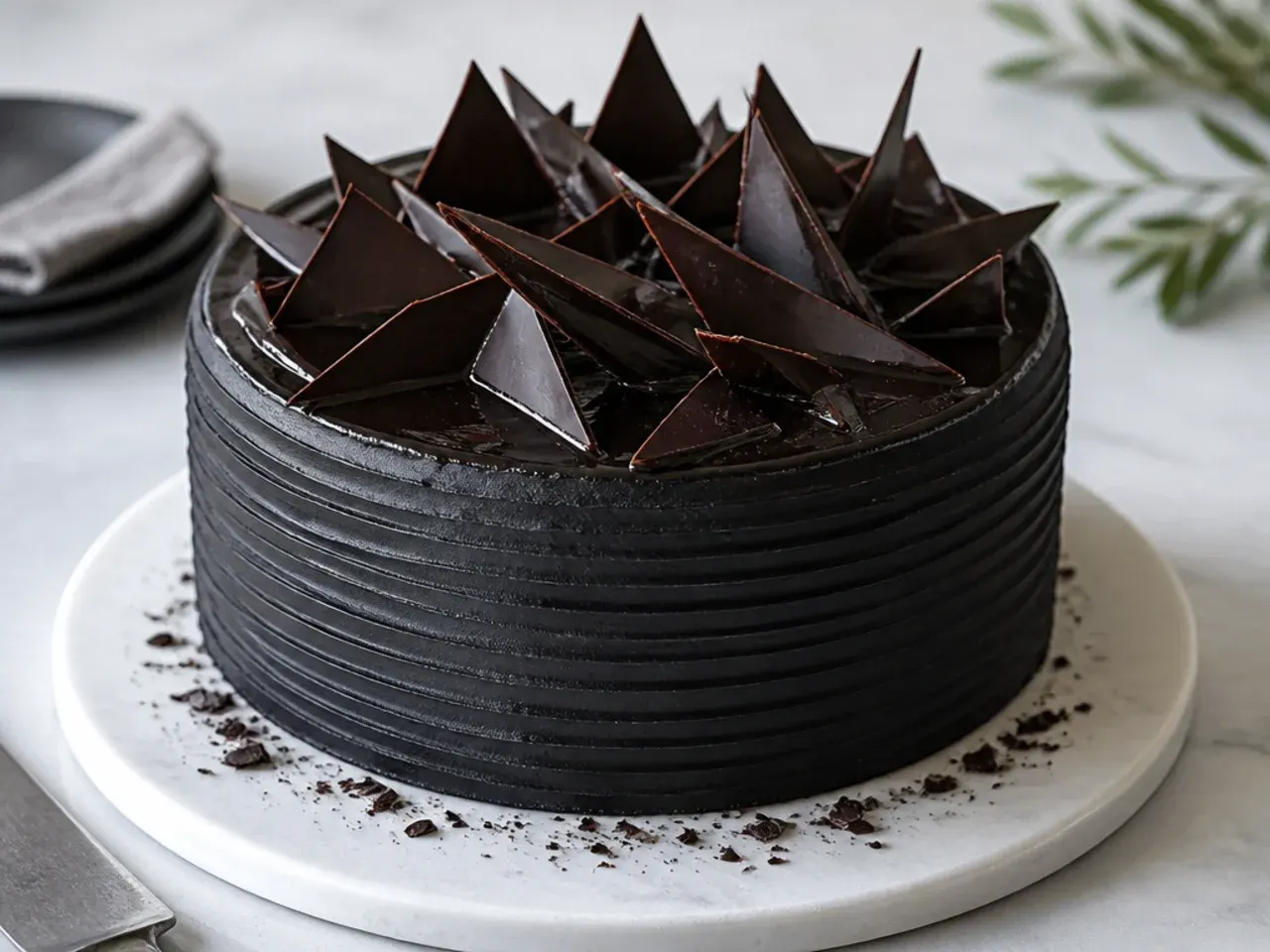 Bold black-on-black easy cake with combed matte sides and glossy chocolate shards