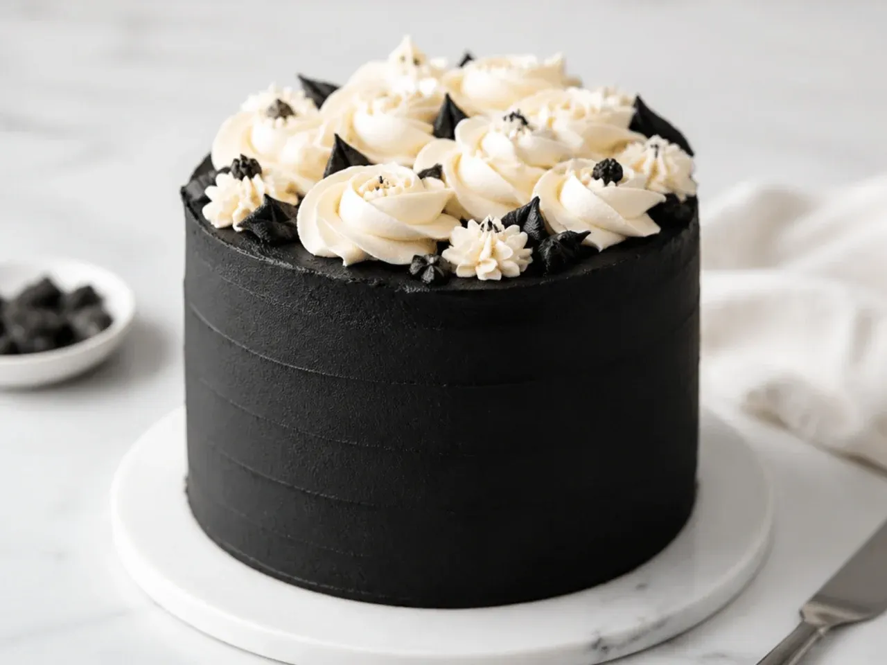 Delicate easy black cake with piped white buttercream flowers clustered on top