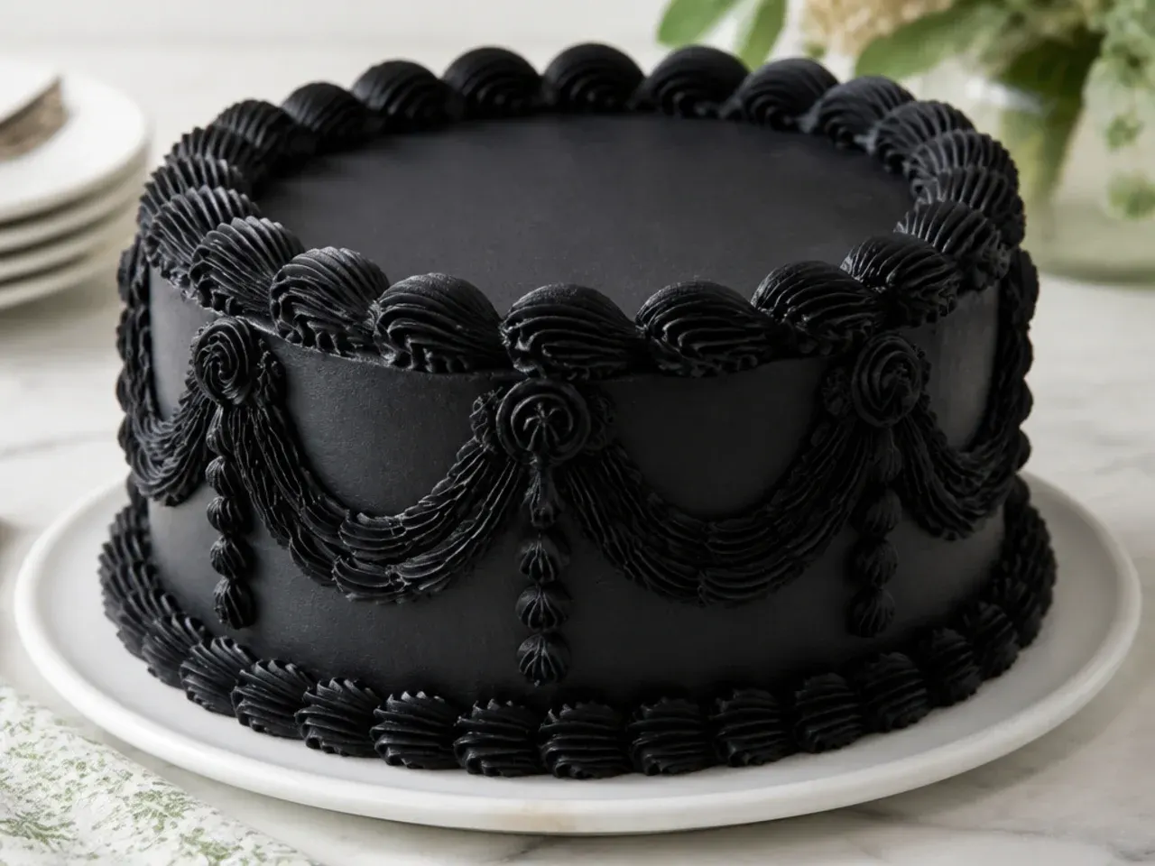Vintage Lambeth-style easy black cake with ornate piped shell borders and swags