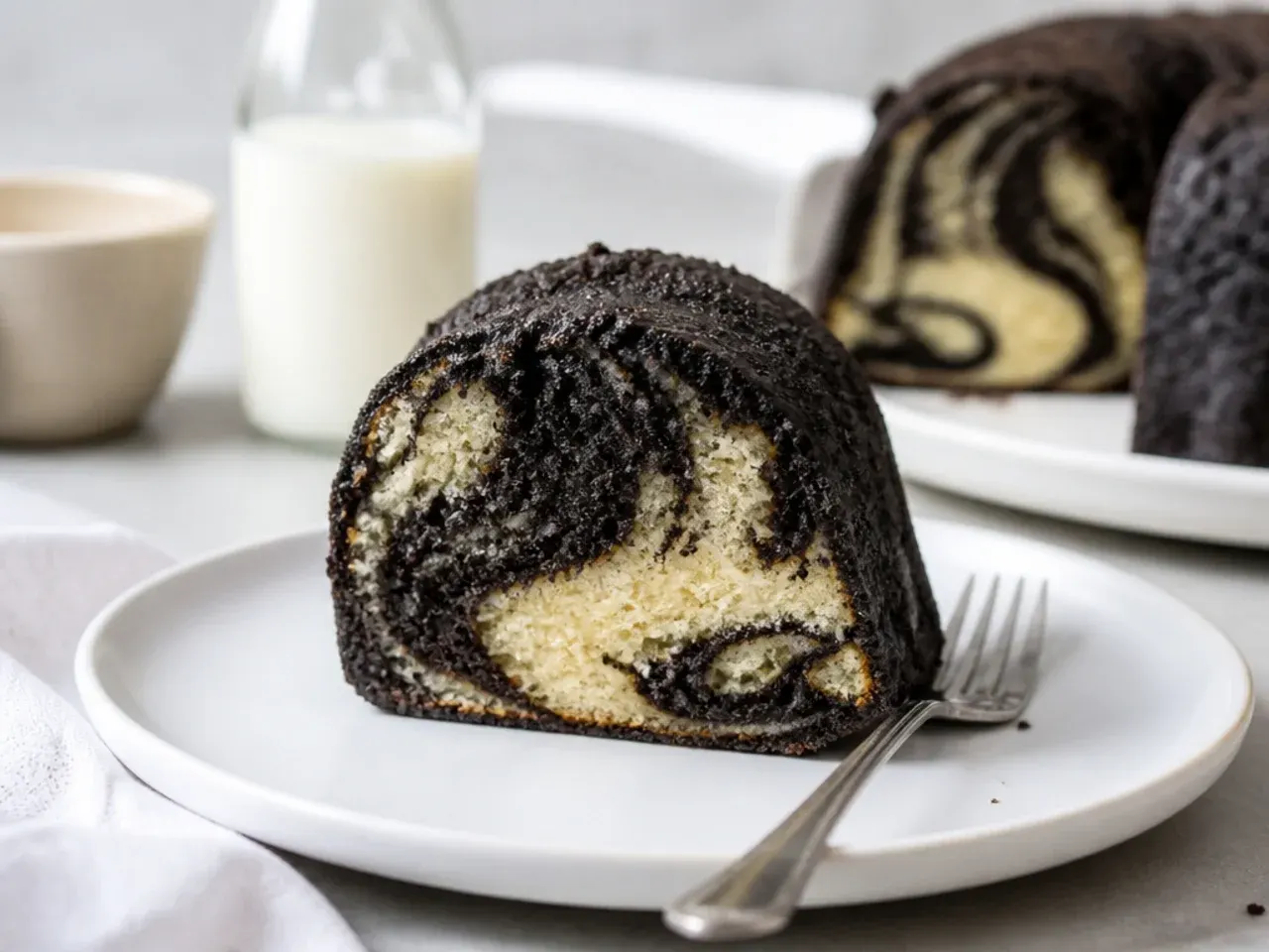 Creative black marble easy cake showing swirled dark and pale batter inside a slice
