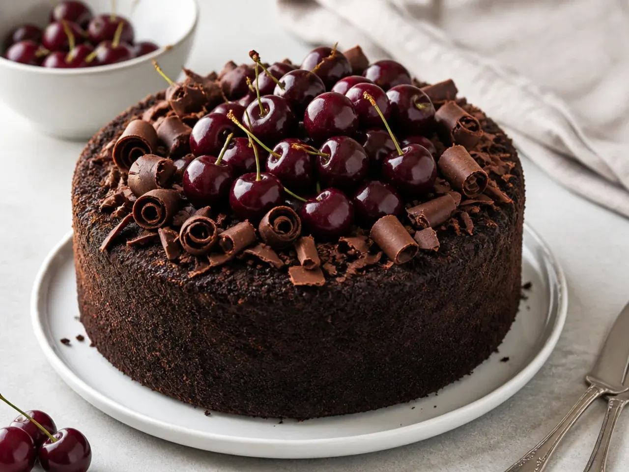 Charming easy black cake topped with fresh dark cherries and chocolate curls