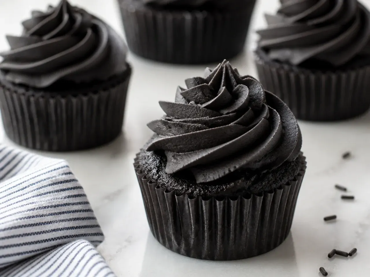 Classic easy black cake cupcakes with swirled buttercream in dark paper liners
