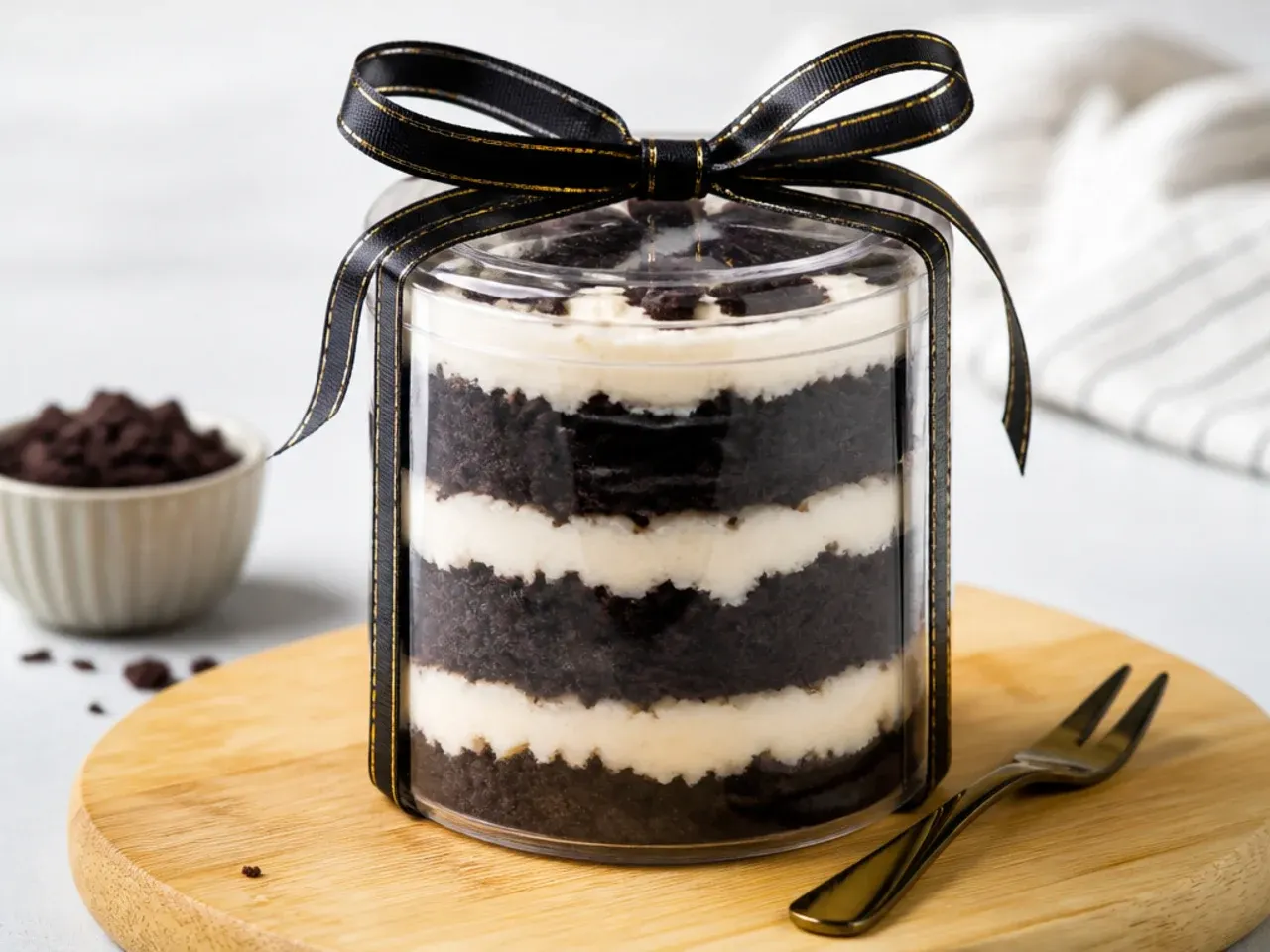 Easy black cake layered with white cream in clear gift jars tied with ribbon