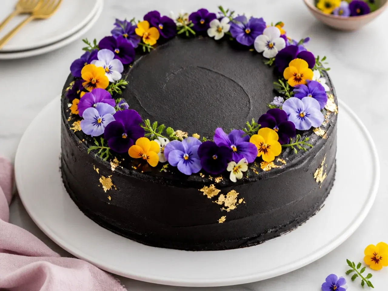 Elegant easy black cake decorated with fresh edible pansies and viola flowers