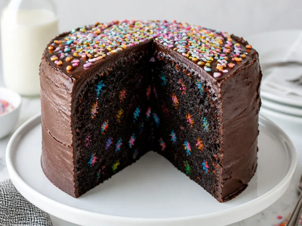 Playful confetti easy black cake sliced to reveal rainbow sprinkles inside the dark crumb