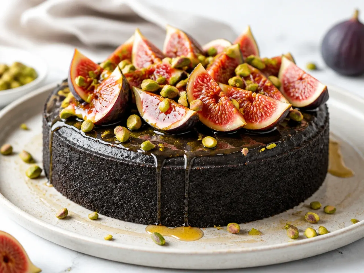 Modern easy black cake topped with fresh halved figs, honey drizzle, and pistachios