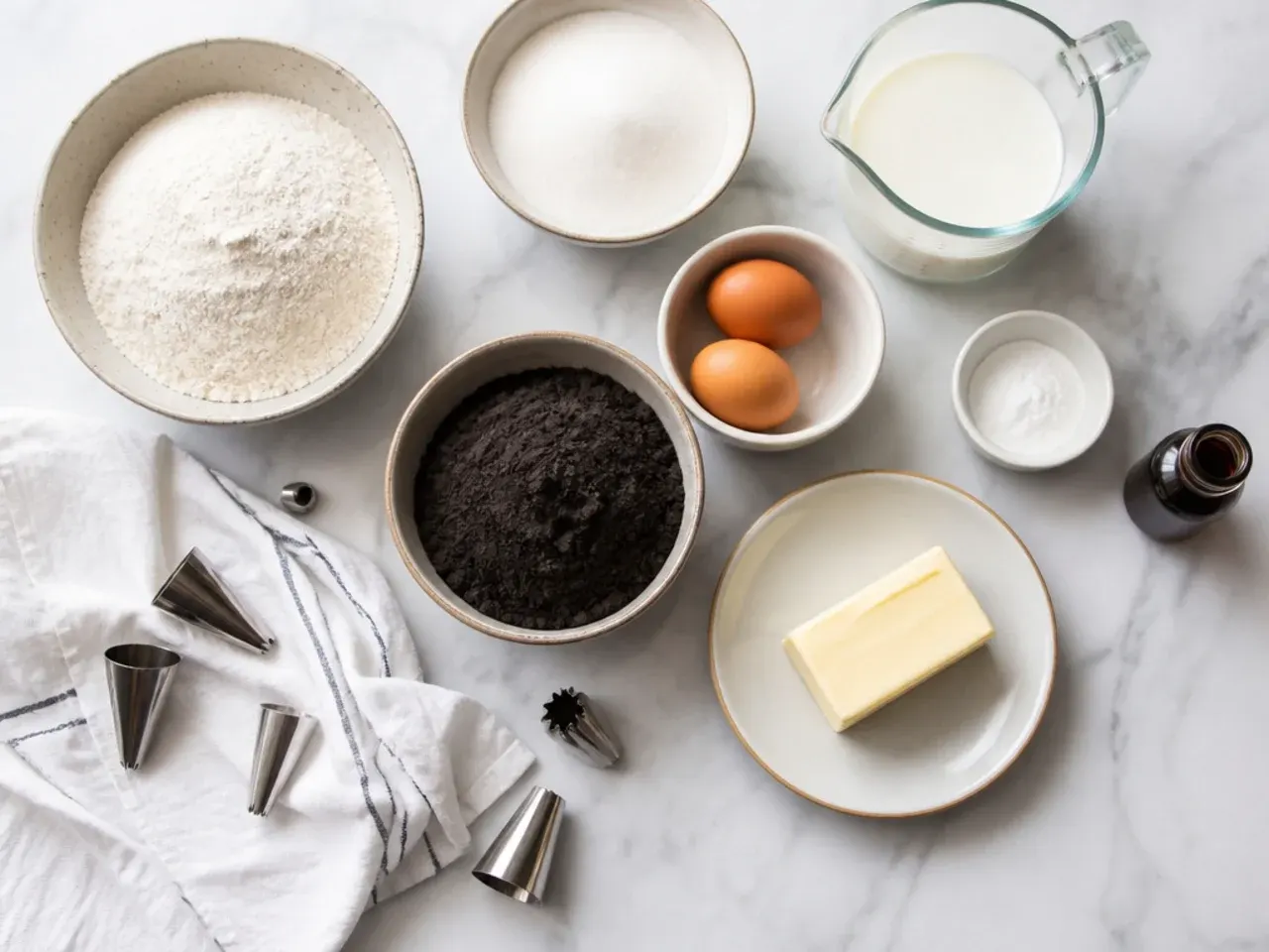 Overhead of easy black cake baking essentials including black cocoa and piping tips