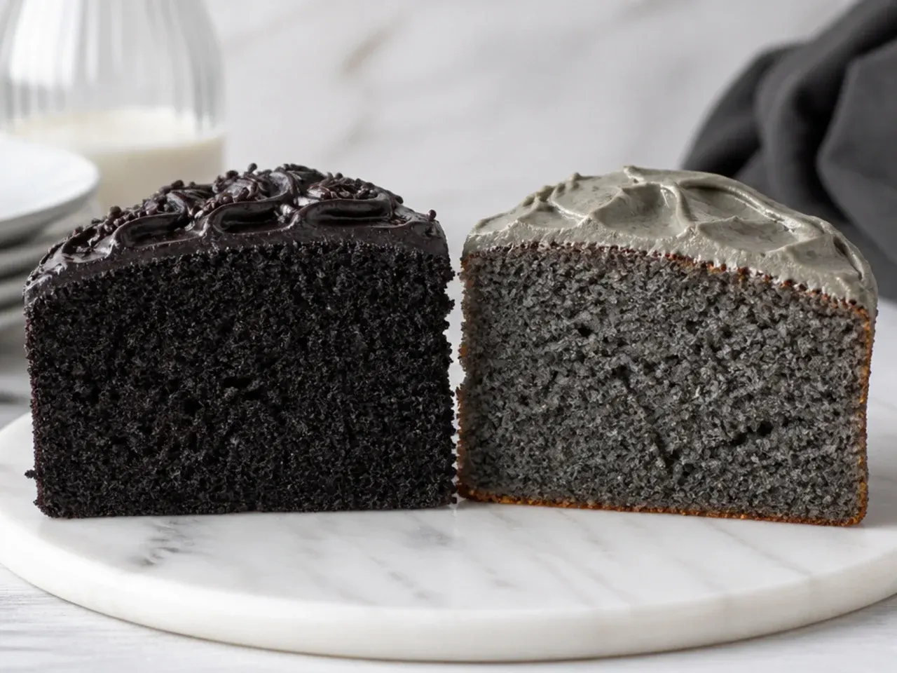 Comparison showing a properly black easy black cake next to an underbaked gray one