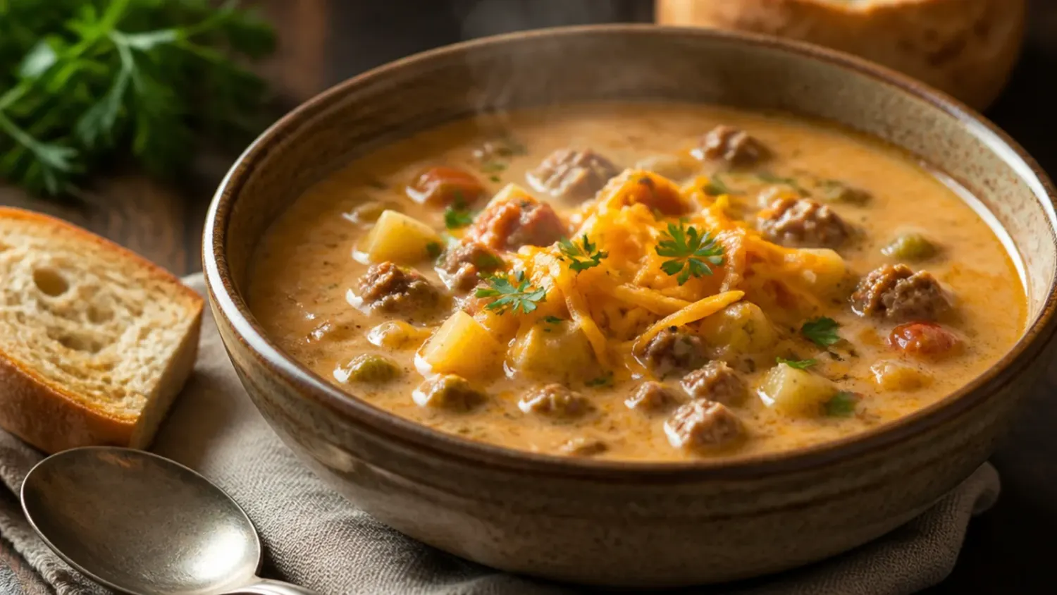 Bowl of creamy easy cheeseburger soup topped with shredded cheddar, crispy bacon and chopped spring onion