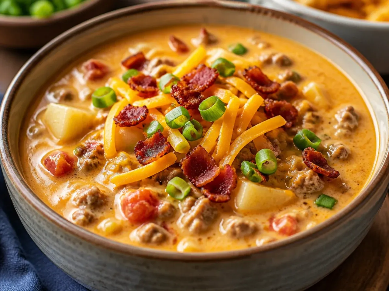 Overhead shot of a pot of easy cheeseburger soup with steam rising, surrounded by bowls and toppings