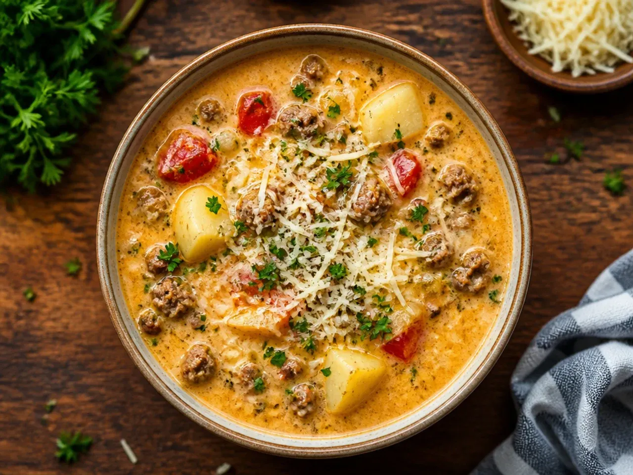 Bowl of classic cheeseburger soup with visible ground beef, carrot and melted cheese