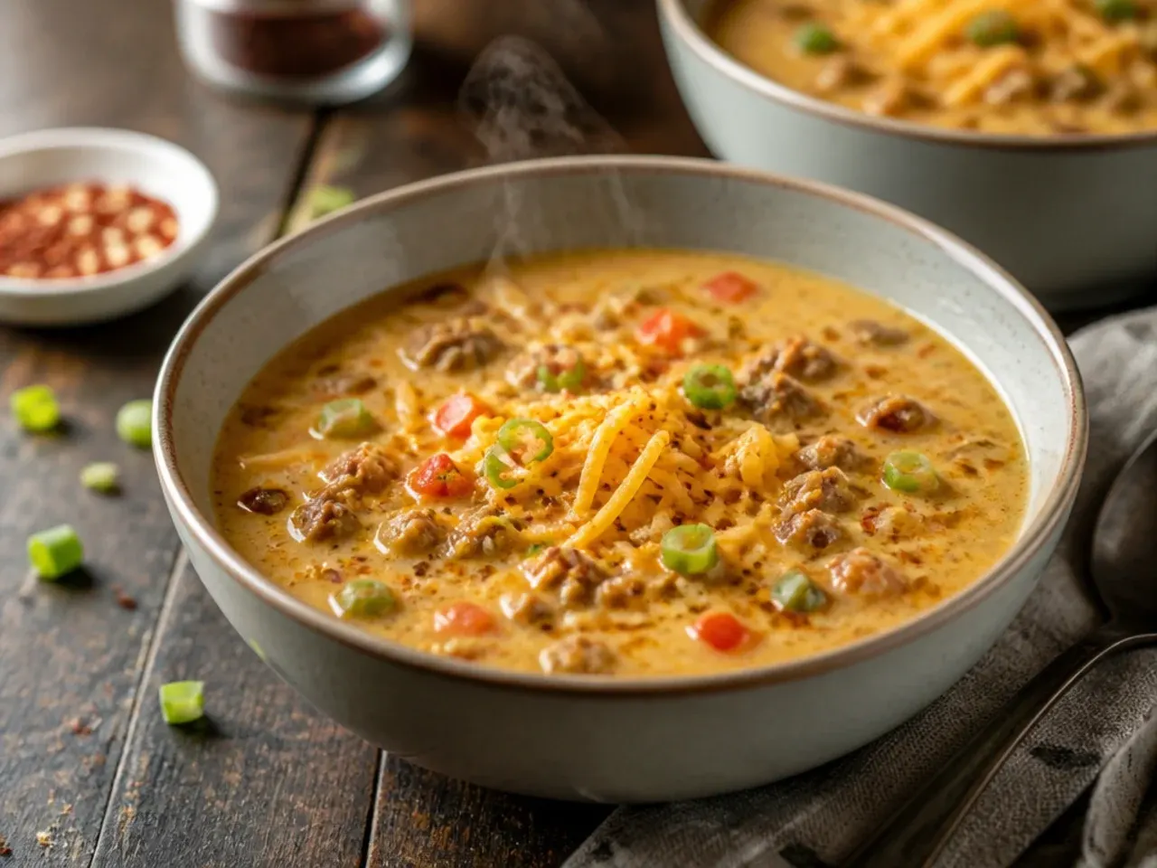 Quick weeknight cheeseburger soup in a bowl with hash browns and melted cheddar