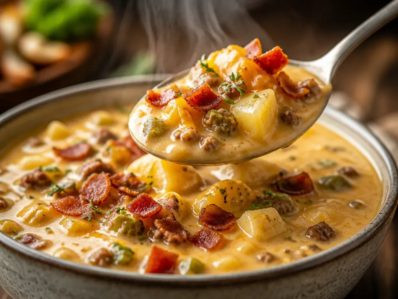 Thick, chunky loaded potato cheeseburger soup topped with sour cream and cheddar