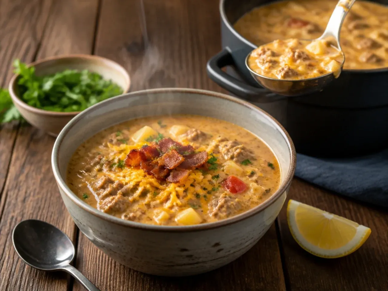 Cheeseburger soup topped with crispy crumbled bacon in a rustic bowl