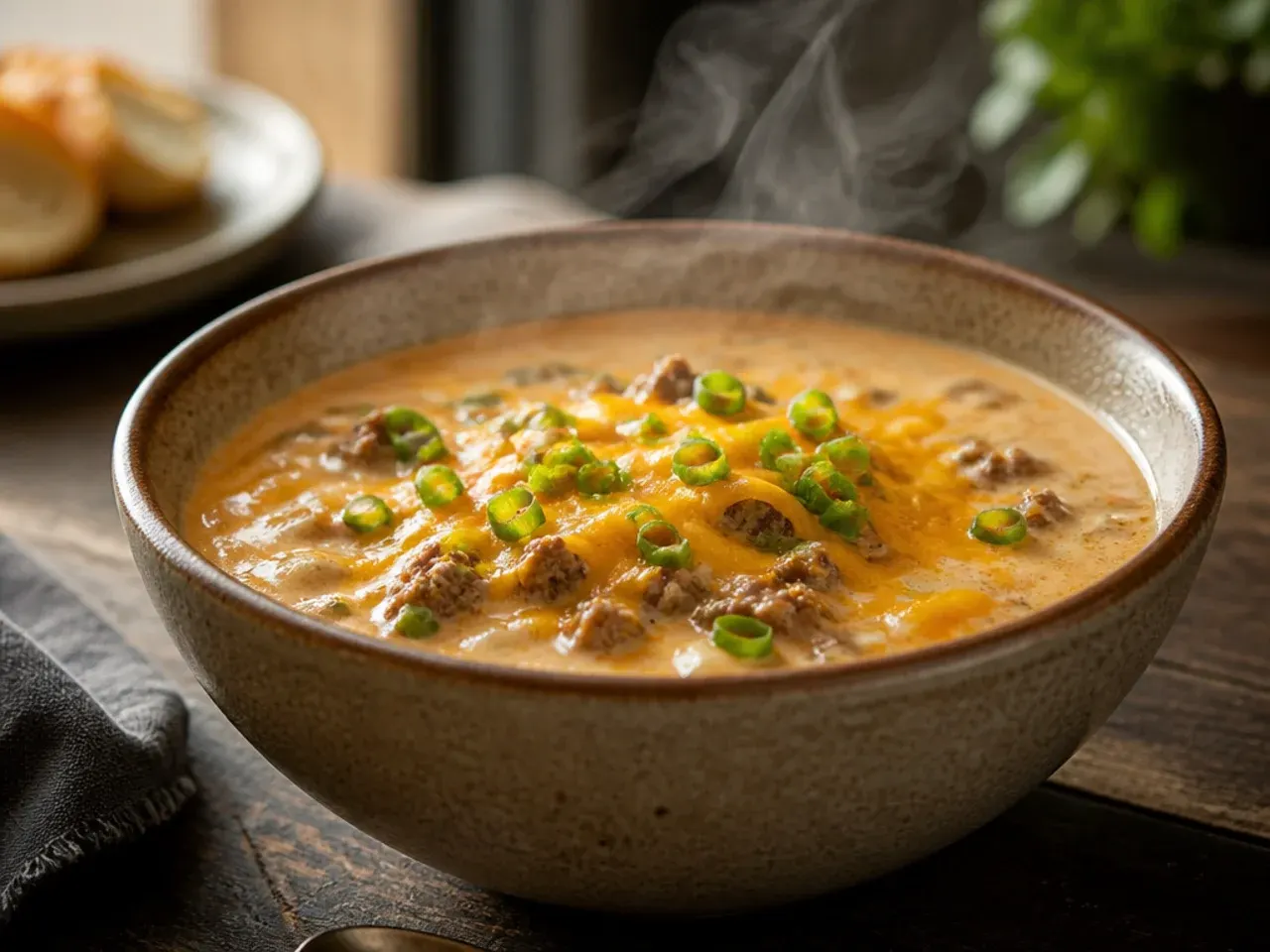 Close-up of extra-creamy double-cheese cheeseburger soup with a cheese pull on the spoon