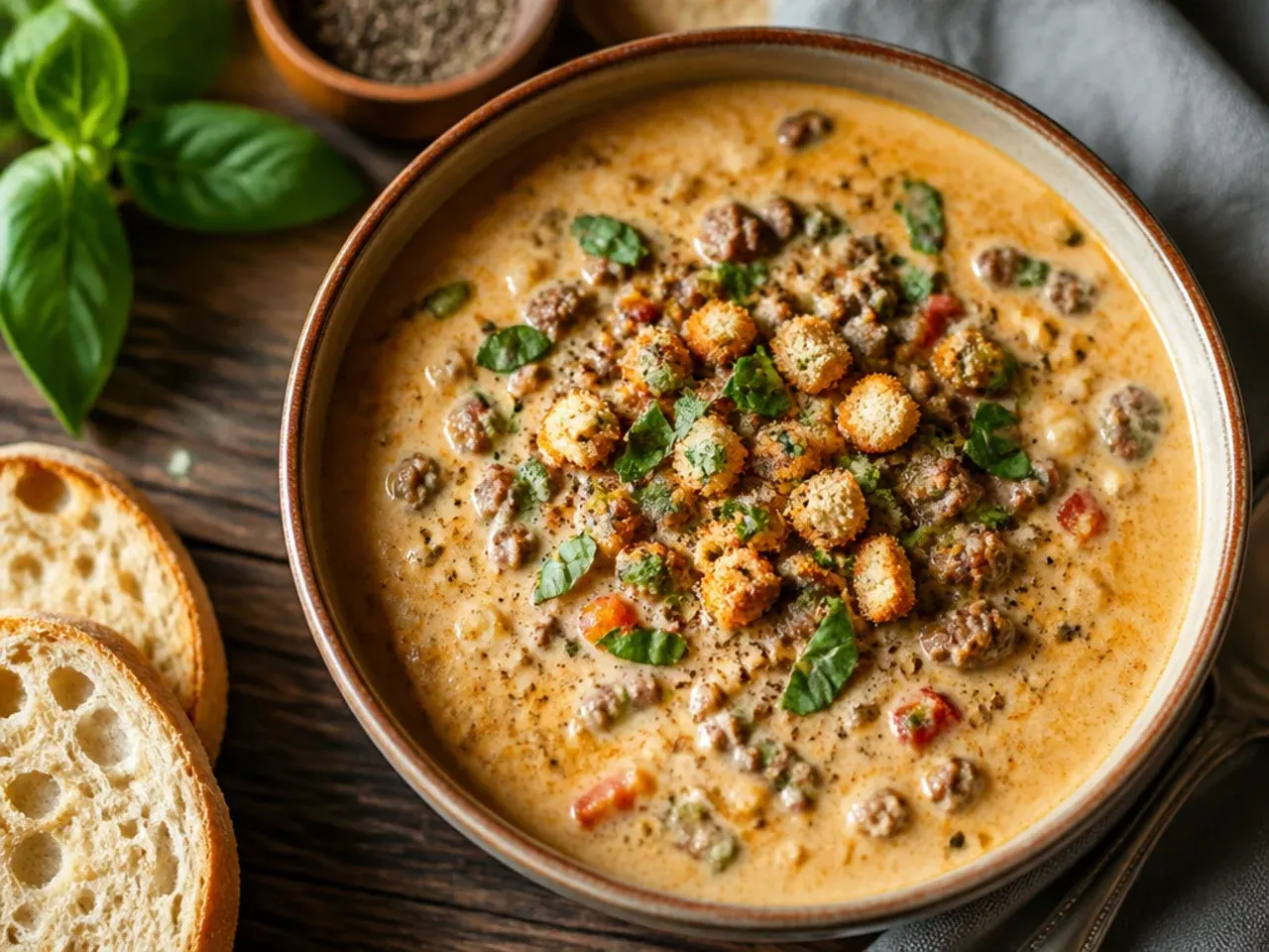 Simple five-ingredient cheeseburger soup in a plain white bowl